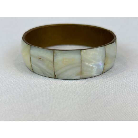 Vintage Brass Mother Of Pearl Bangle Bracelet 70s 80s Cream - Picture 4 of 7